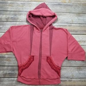 Free People Coral Frayed 3/4 Sleeves Hoodie